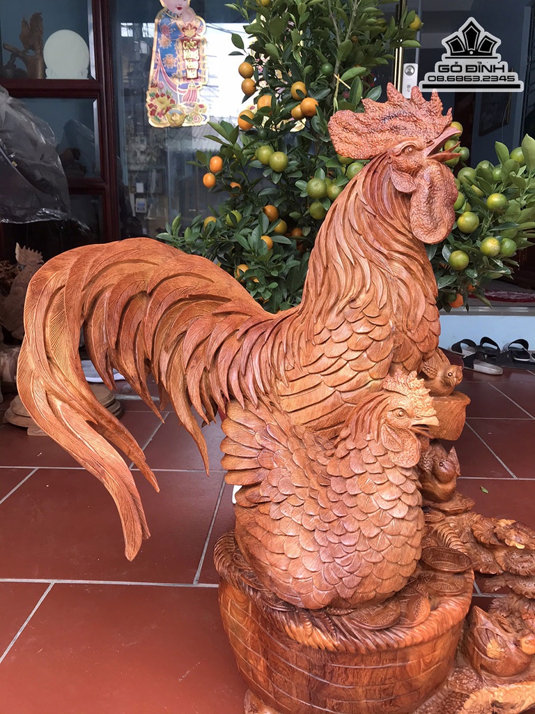 Gia Đình Gà Gỗ Hương Gia Lai Liền Khối Cao 82 Ngang 70 Sâu 40 (cm) 2