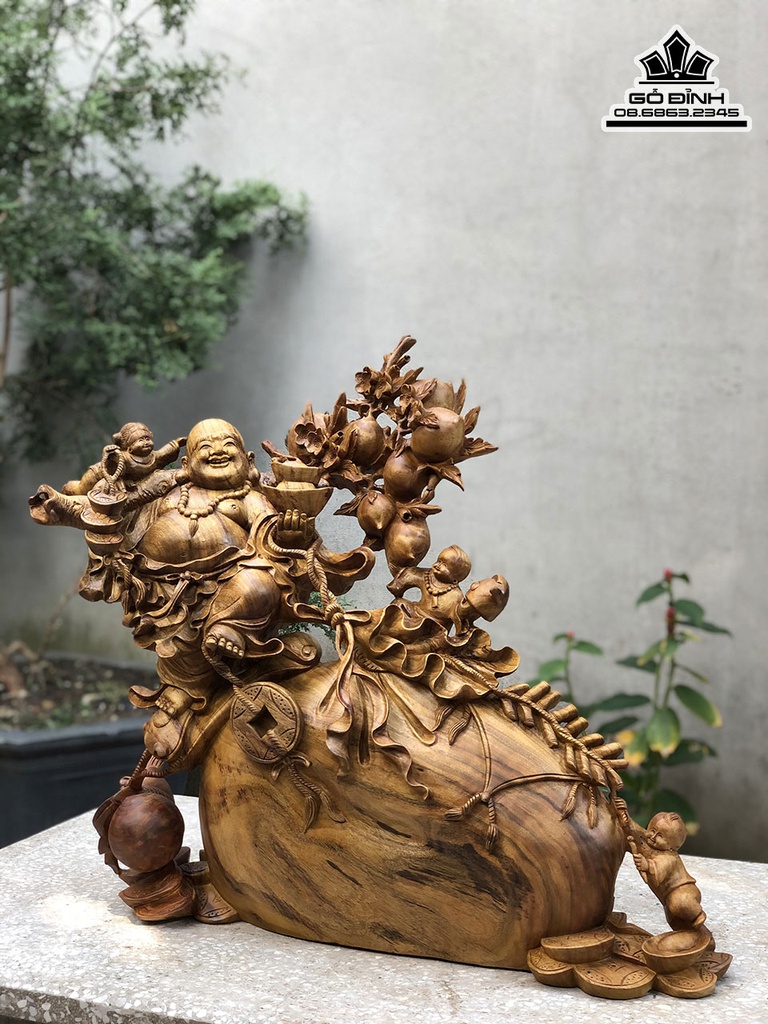 Tượng Di Lặc Kéo Bao Tiền Gỗ Xá Xị Cao 63 Ngang 70 Sâu 28 (cm) 3