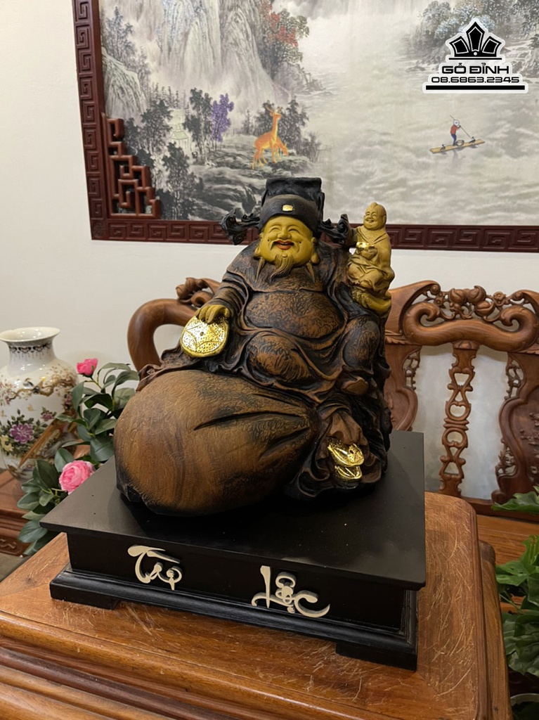 Tượng Thần Tài Gỗ Bách Xanh Liền Khối Cao 31 Ngang 26 Sâu 28 (cm) 2