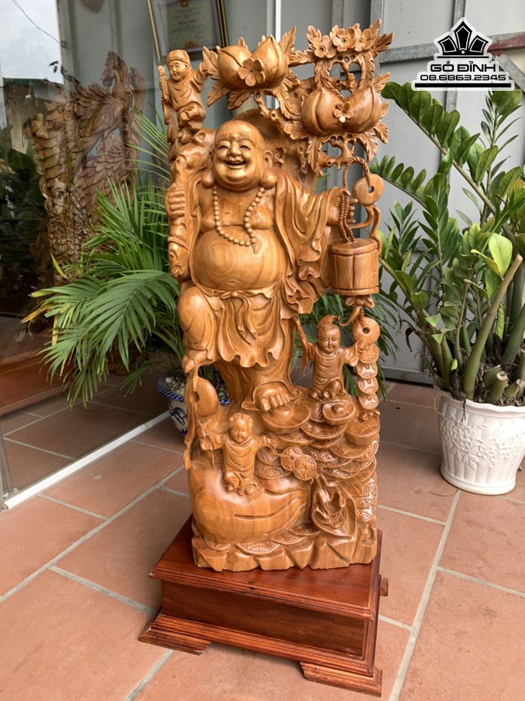 Tượng Di Lặc Tam Phúc Gỗ Ngọc Am Cao 96 Ngang 42 Sâu 21 Cả Kỷ 112 (cm) 0
