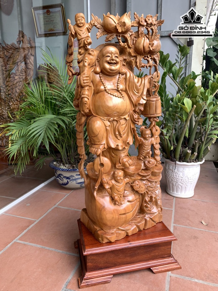 Tượng Di Lặc Tam Phúc Gỗ Ngọc Am Cao 96 Ngang 42 Sâu 21 Cả Kỷ 112 (cm) 2