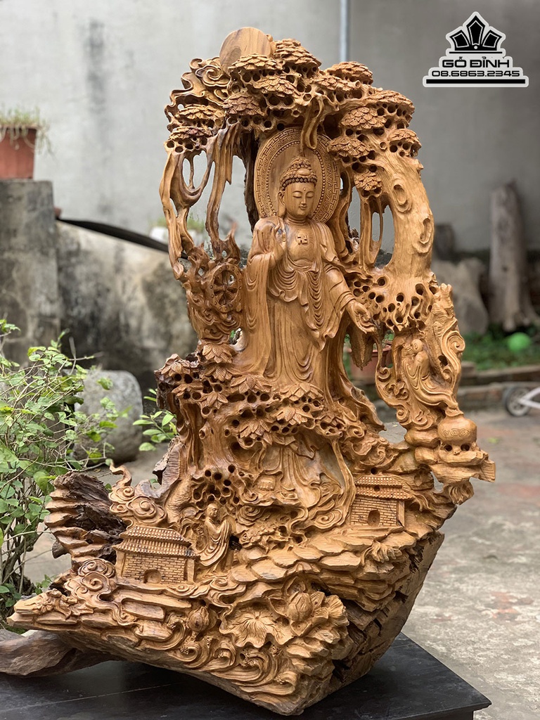 Tượng Nhất Tâm Bái Phật Gỗ Bạch Xanh Cao 110 Ngang 70 Sâu 40 (cm) 8