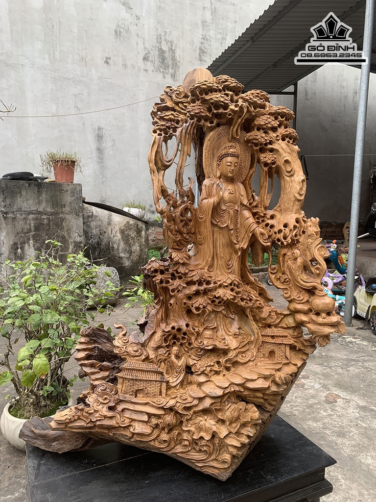 Tượng Nhất Tâm Bái Phật Gỗ Bạch Xanh Cao 110 Ngang 70 Sâu 40 (cm) 9