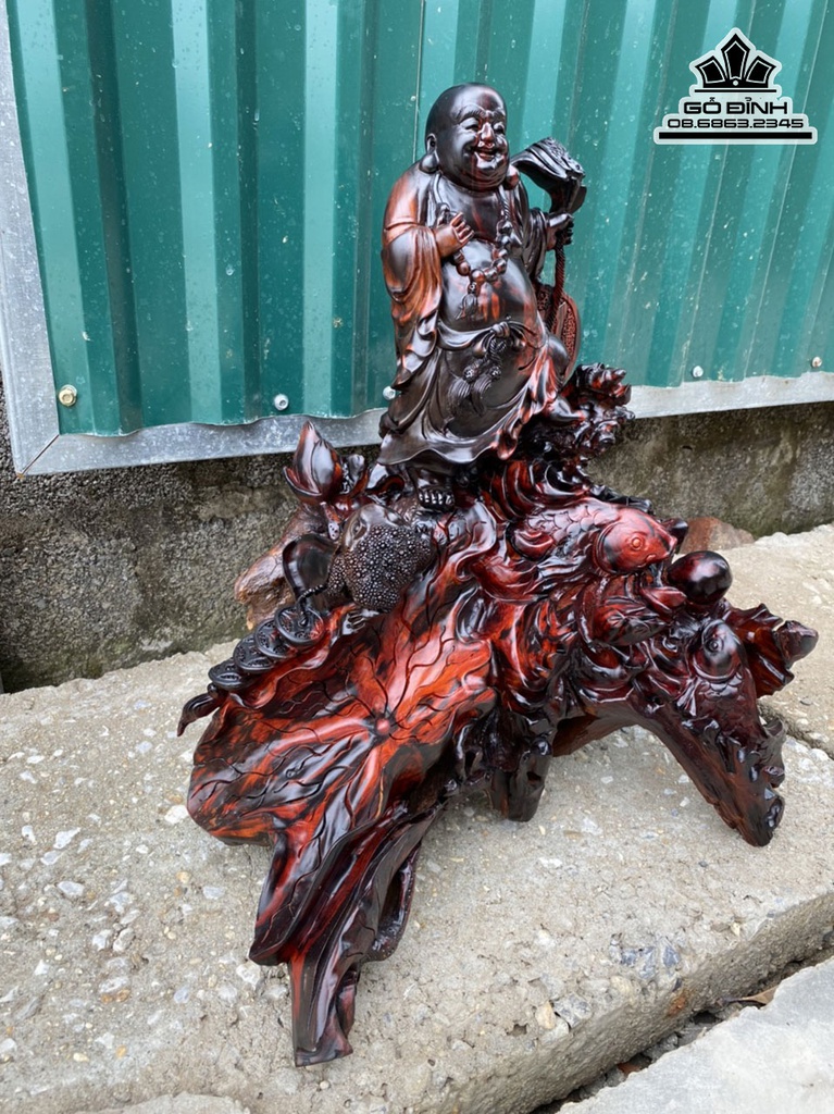 Tượng Di Lặc Đứng Cá Chép Gỗ Trắc Liền Khối Cao 55 Ngang 46 Sâu 48 (cm) 0