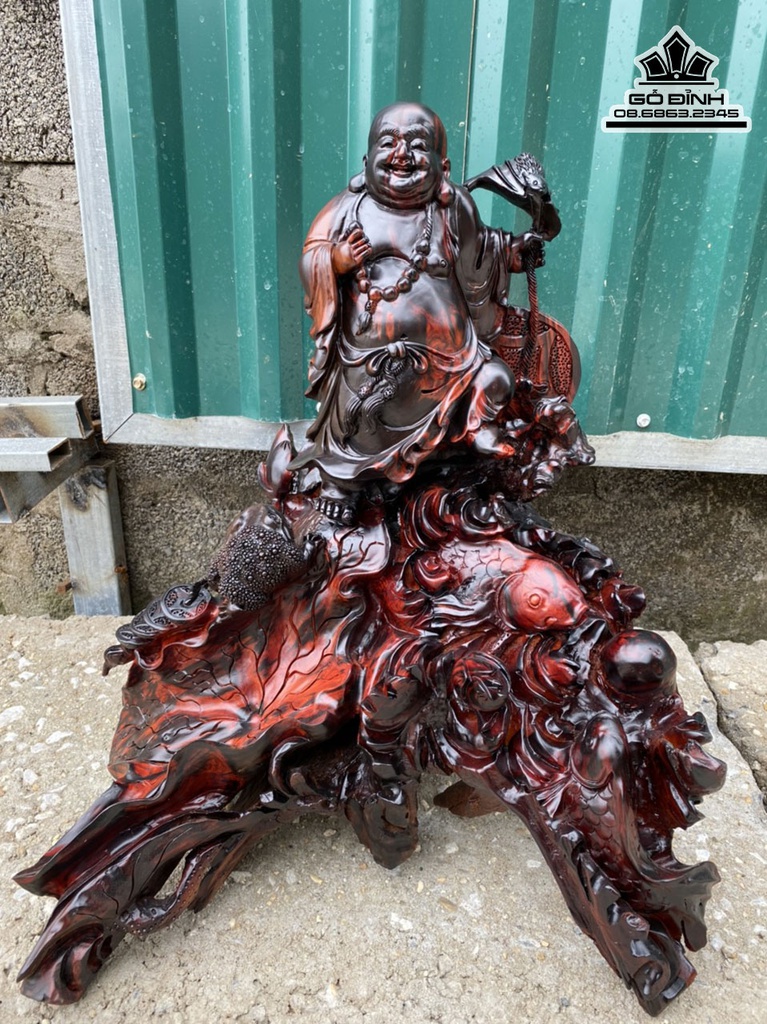 Tượng Di Lặc Đứng Cá Chép Gỗ Trắc Liền Khối Cao 55 Ngang 46 Sâu 48 (cm) 1