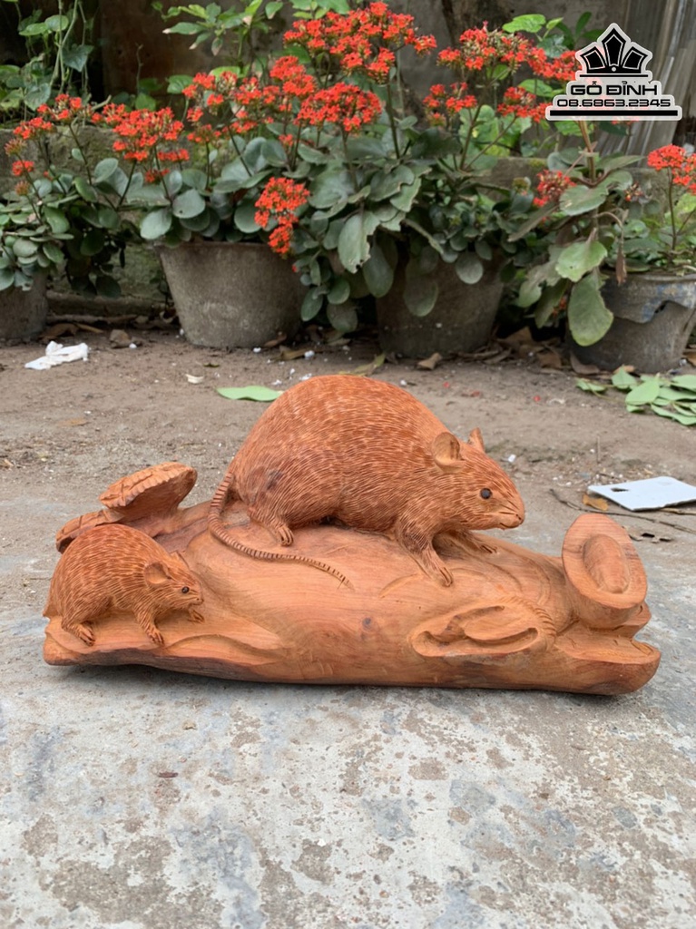 Tượng Chuột Mẫu Tử Gỗ Hương Việt Cao 15 Ngang 35 Sâu 18 (cm) 0