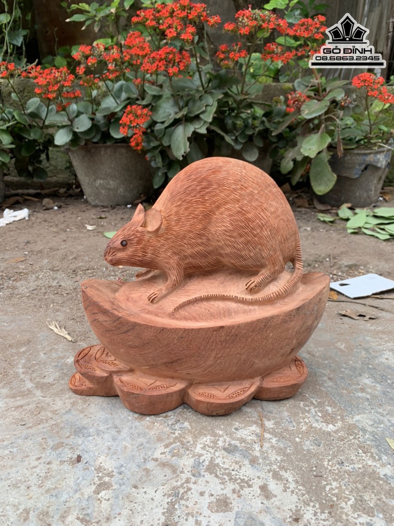Tượng Chuột Ngồi Bát Vàng Gỗ Hương Việt Cao 23 Ngang 27 Sâu 14 (cm) 0
