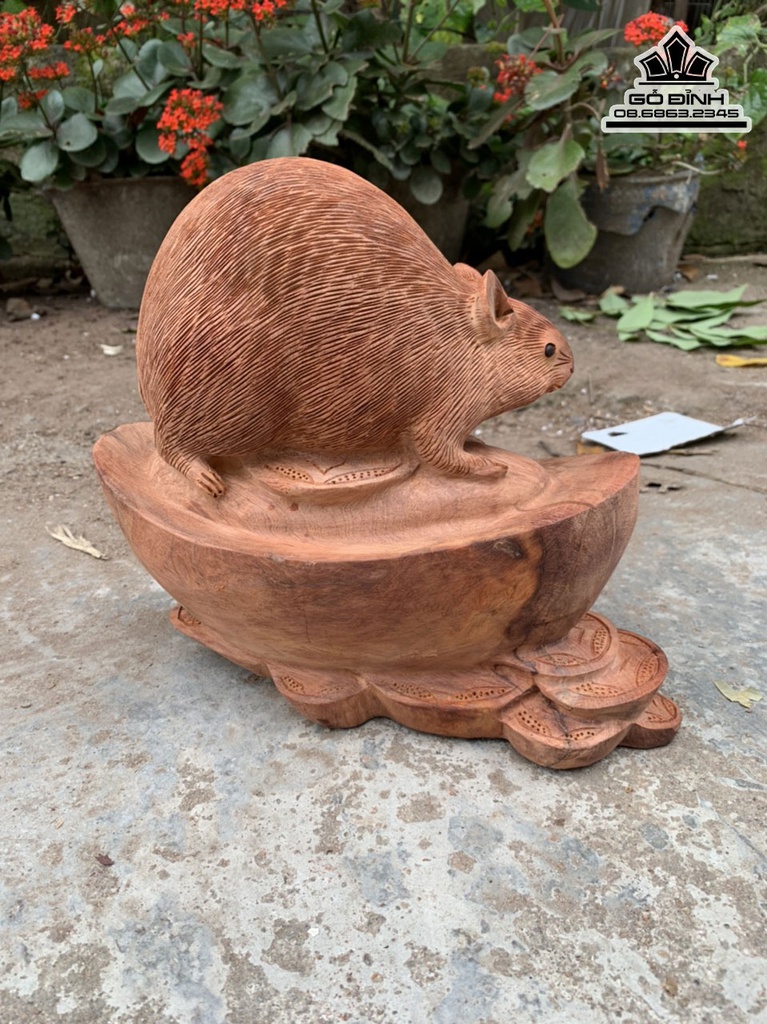 Tượng Chuột Ngồi Bát Vàng Gỗ Hương Việt Cao 23 Ngang 27 Sâu 14 (cm) 2