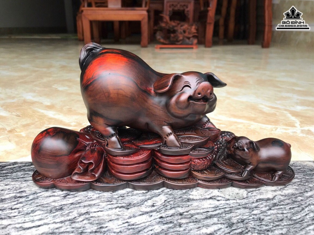 Tượng Heo Mẫu Tử Gỗ Trắc Cao 19 Ngang 36 Sâu 13 (cm) 0