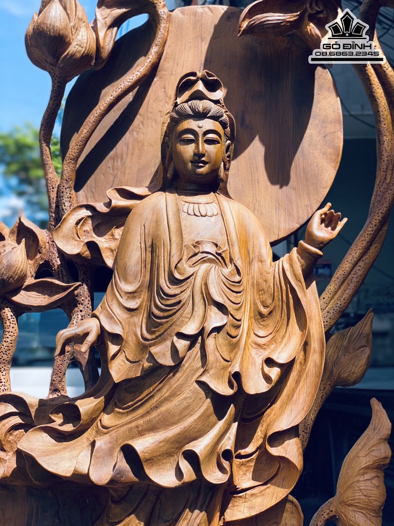 Tượng Phật Quan Âm Gỗ Bách Xanh Cao 95 Ngang 40 Sâu 25 (cm) 5