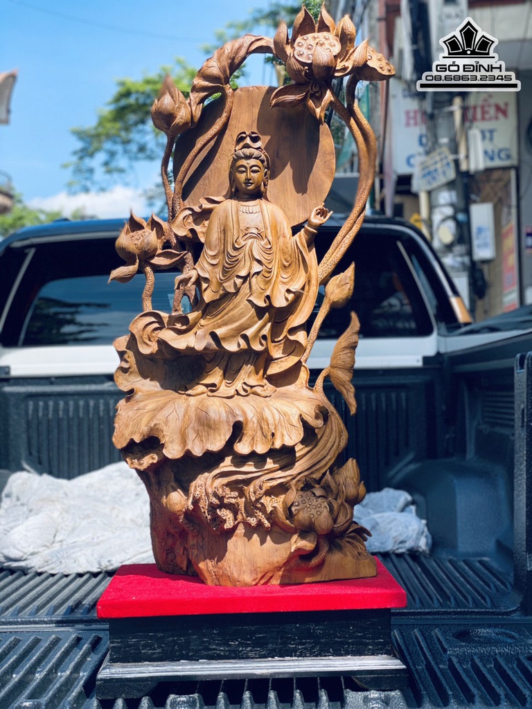 Tượng Phật Quan Âm Gỗ Bách Xanh Cao 95 Ngang 40 Sâu 25 (cm) 6