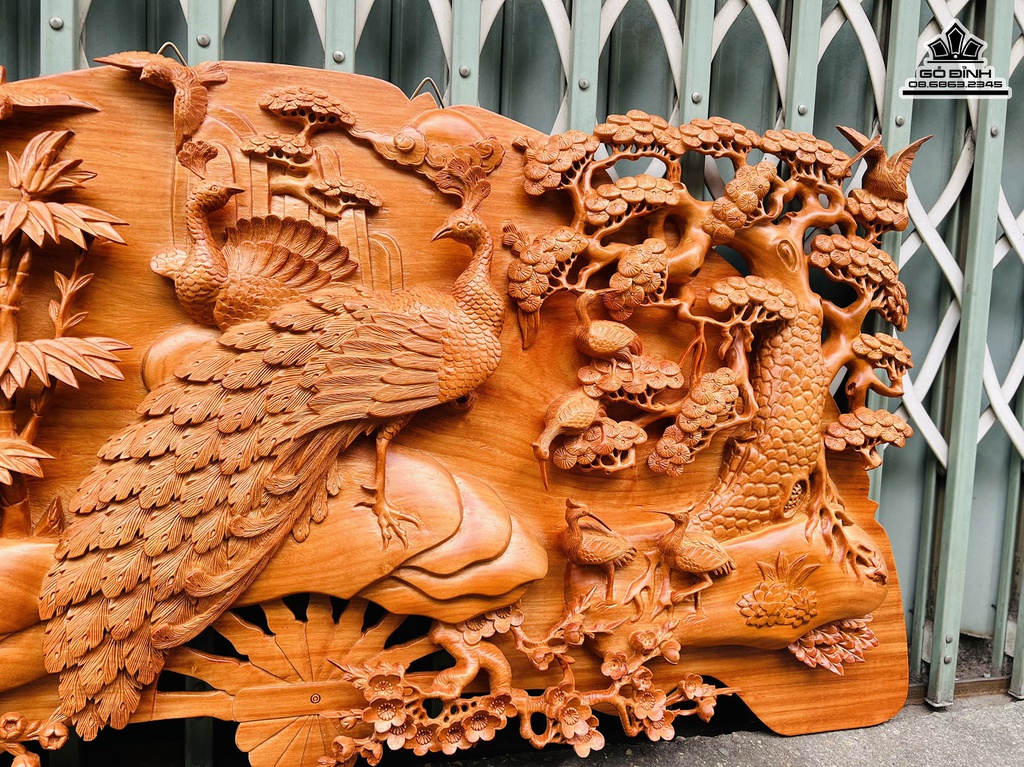 Tranh Quạt Phu Thê Viên Mãng Gỗ Hương Cao 60 Ngang 120 Dày 6 (cm) 2