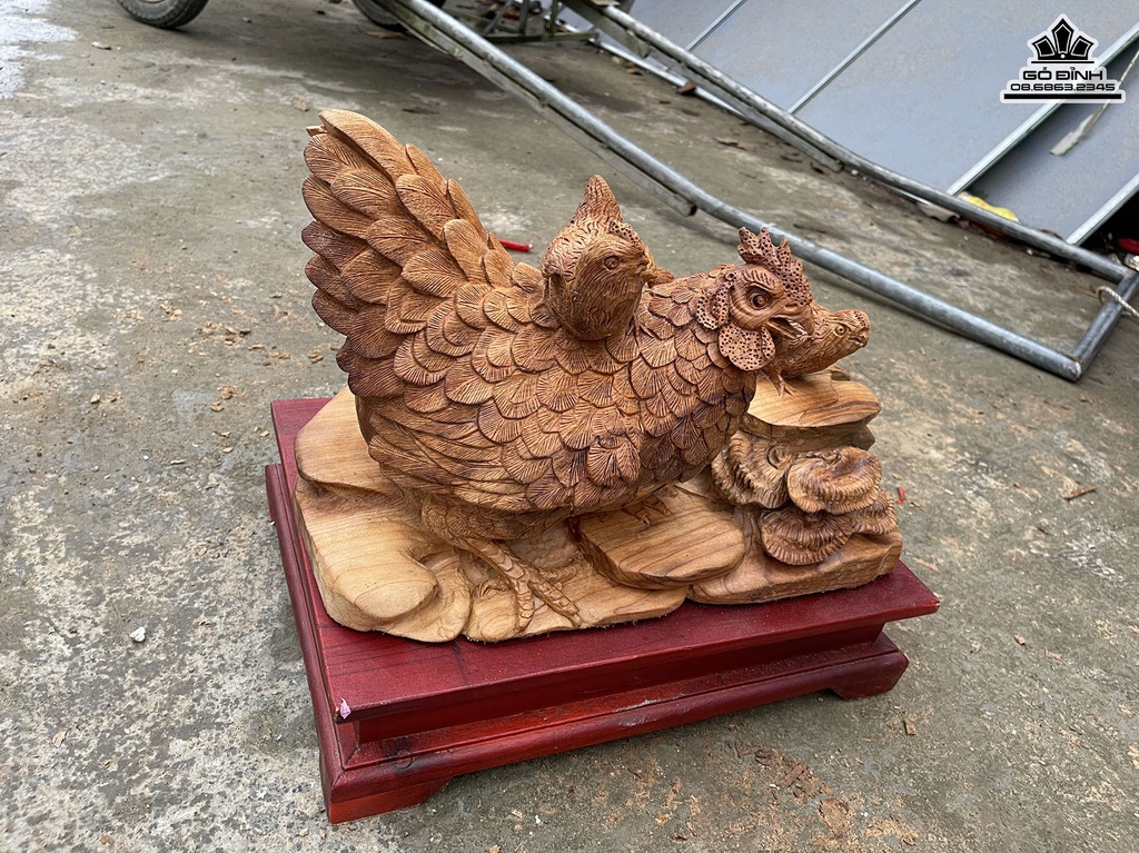 Tượng Gia Đình Gà Gỗ Ngọc Am Cao 40 Ngang 30 Sâu 27 (cm)3