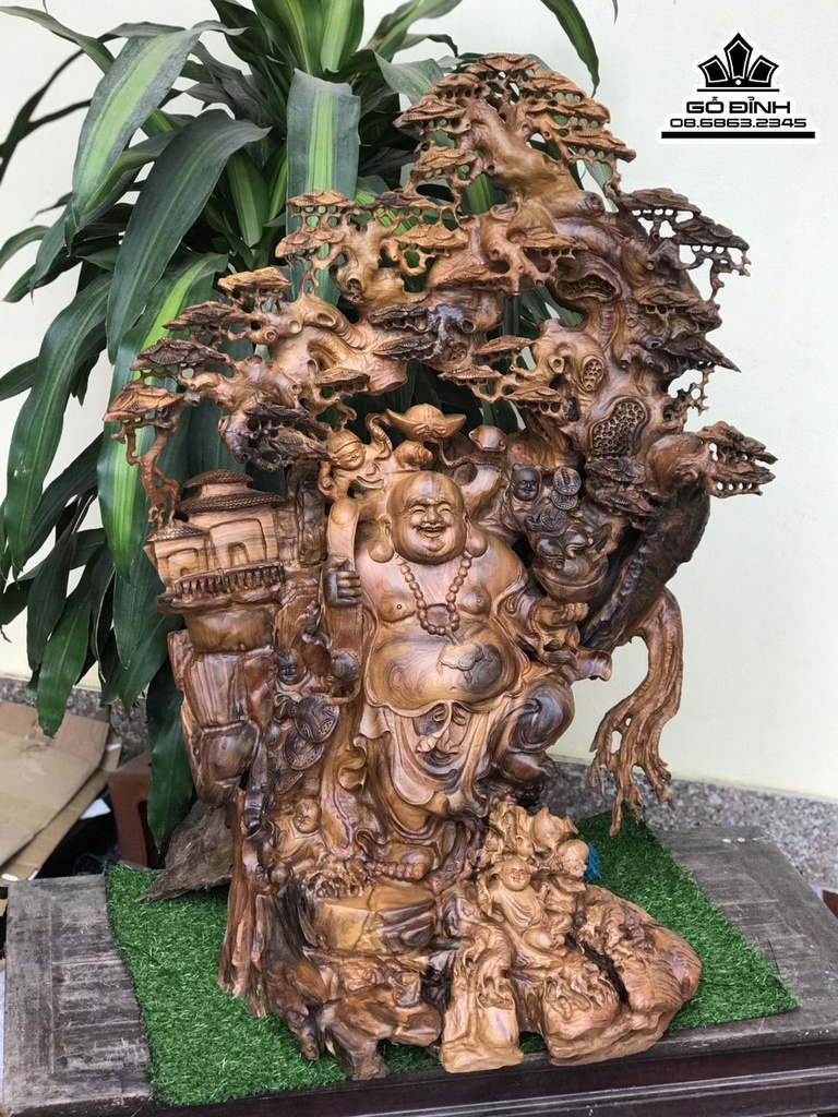 Tượng Phật Di Lặc Đứng Gốc Tùng Gỗ Bách Xanh Cao 101 Ngang 73 Sâu 60 (cm) 1