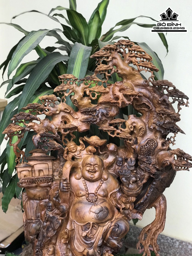 Tượng Phật Di Lặc Đứng Gốc Tùng Gỗ Bách Xanh Cao 101 Ngang 73 Sâu 60 (cm) 4