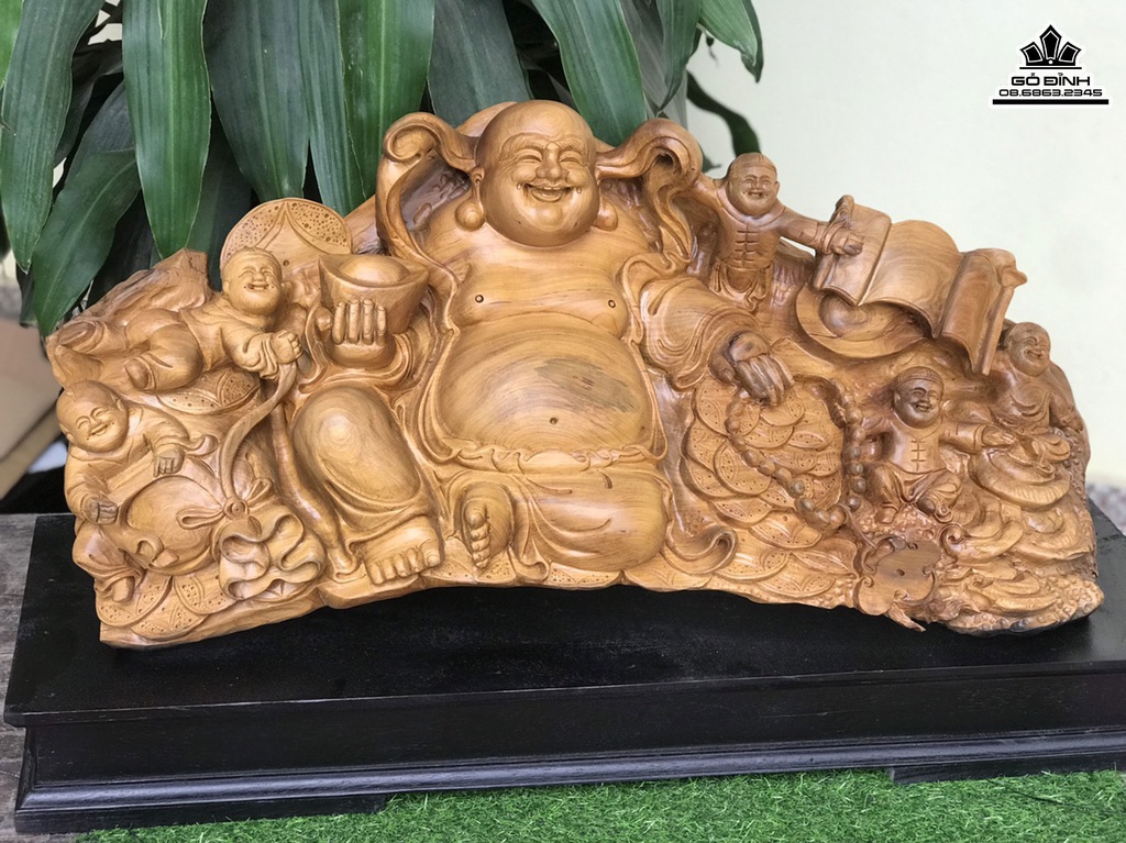 Tượng Phật Di Lặc Gõ Bách Xanh Cao 45 Ngang 80 Sâu 28 (cm) 3