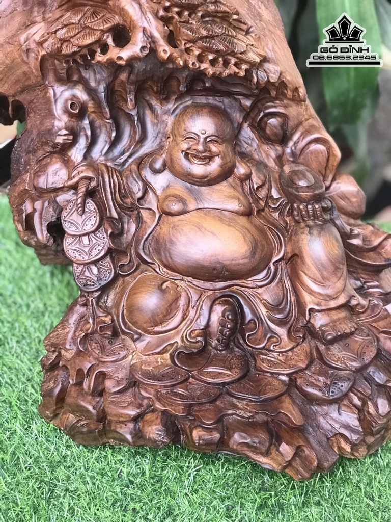 Tượng Di Lặc Ngồi Gốc Tùng Gỗ Bách Xanh Cao 38 Ngang 46 Sâu 30 (cm) 1