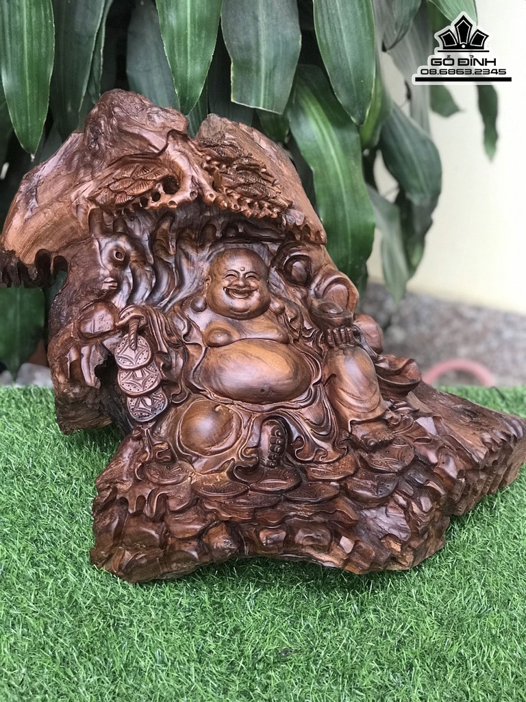 Tượng Di Lặc Ngồi Gốc Tùng Gỗ Bách Xanh Cao 38 Ngang 46 Sâu 30 (cm) 2