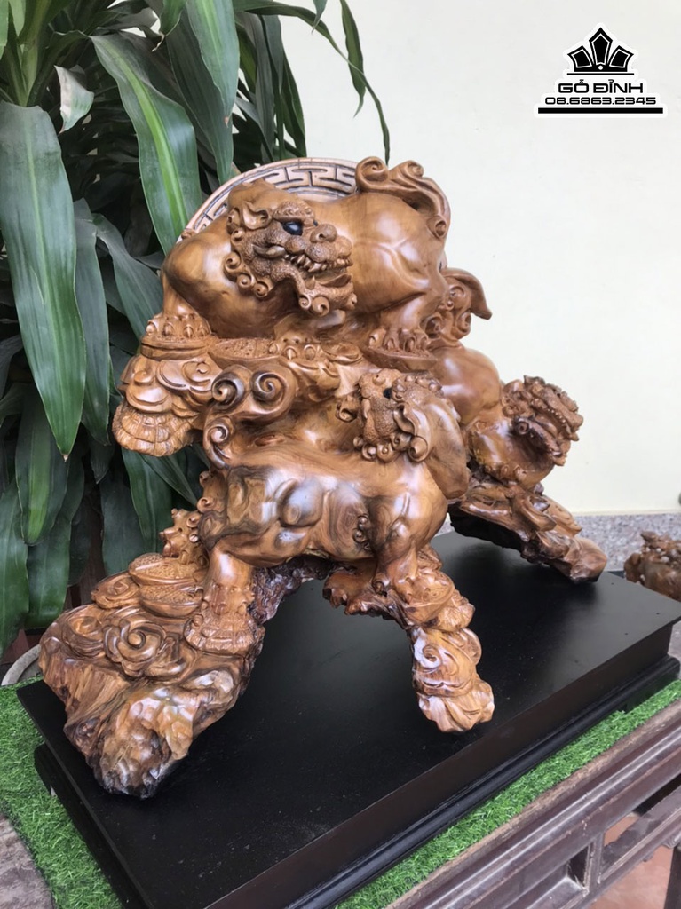 Tượng Tam Nghê Gỗ Bách Xanh Liền Khối Cao 60 Ngang 68 Sâu 33 (cm) 2