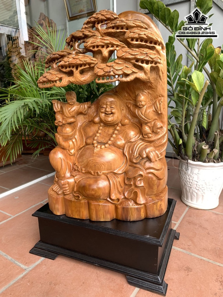Tượng Di Lặc Ngồi Gốc Tùng Gỗ Ngọc Am Liền Khối Cao 67 Ngang 50 Sâu 30 Cả Kỷ 97 (cm) 2