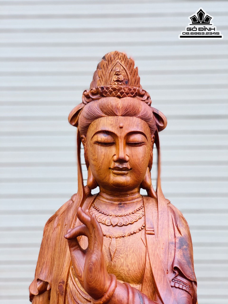 Tượng Quan Âm Gỗ Hương Gia Lai Liền Khối Cao 125 Ngang 50 Sâu 50 (cm)0