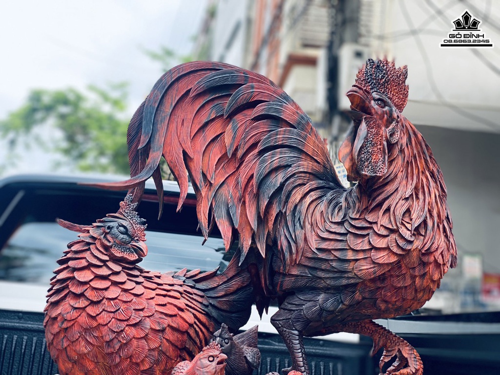 Tượng Gia Đình Gà Gỗ Trắc Liền Khối Cao 77 Ngang 45 Sâu 22 (cm) 8