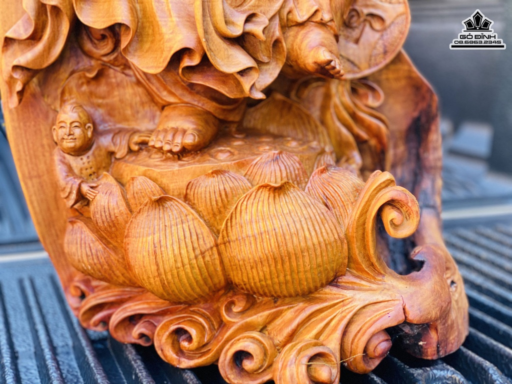 Tượng Di Lặc Đứng Đài Sen Gỗ Hương Ta Liền Khối Cao 68 Ngang 42 Sâu 32 (cm) 3