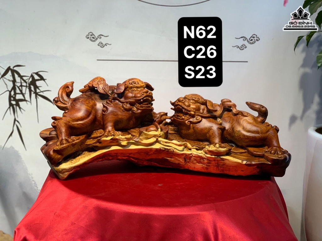 Tượng Song Nghê Gỗ Cẩm Liền Khối Cao 26 Ngang 62 Sâu 23 (cm) 0