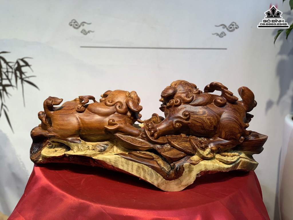 Tượng Song Nghê Gỗ Cẩm Liền Khối Cao 26 Ngang 62 Sâu 23 (cm) 1