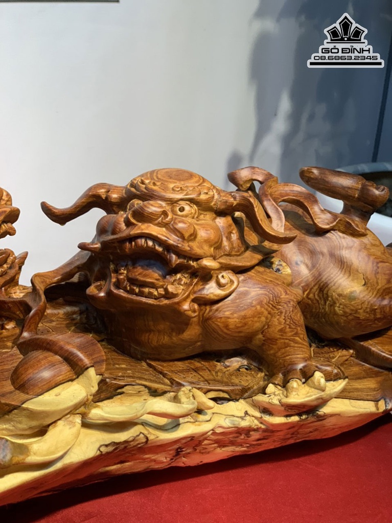 Tượng Song Nghê Gỗ Cẩm Liền Khối Cao 26 Ngang 62 Sâu 23 (cm) 2