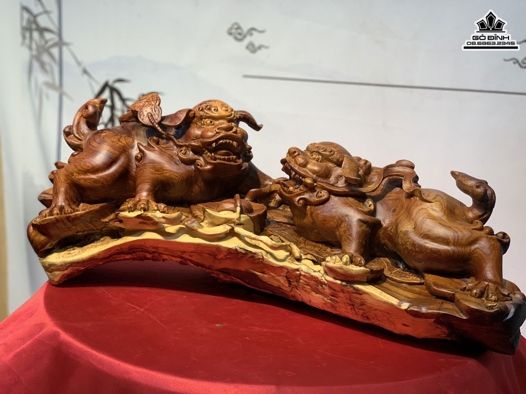 Tượng Song Nghê Gỗ Cẩm Liền Khối Cao 26 Ngang 62 Sâu 23 (cm)5