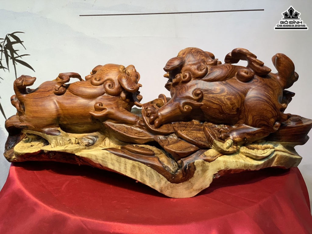 Tượng Song Nghê Gỗ Cẩm Liền Khối Cao 26 Ngang 62 Sâu 23 (cm)6