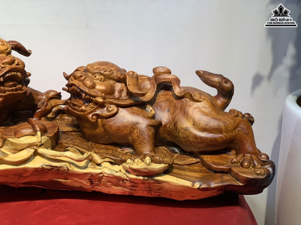 Tượng Song Nghê Gỗ Cẩm Liền Khối Cao 26 Ngang 62 Sâu 23 (cm) 9