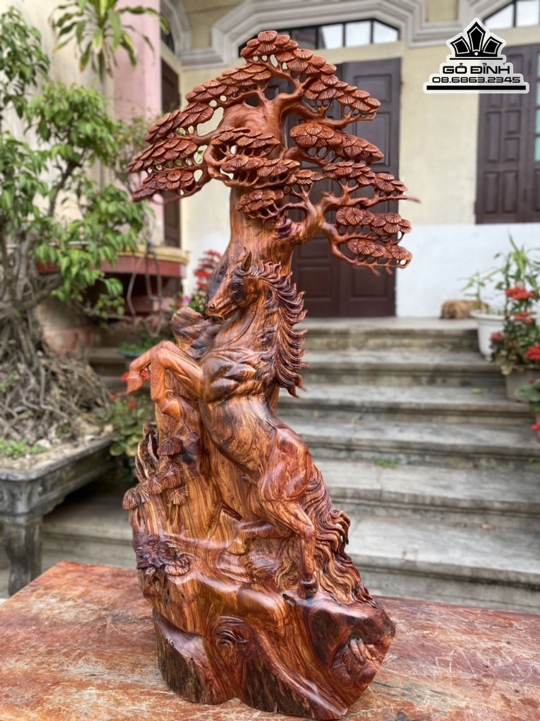 Tượng Ngựa Đứng Gốc Tùng Gỗ Hương Cao 83 Ngang 40 Sâu 19 (cm) 3