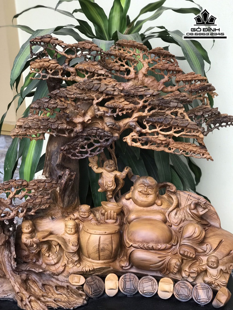 Tượng Phật Di Lặc Ngồi Gôc Tùng Gỗ Bách Xanh Cao 100 Ngang 83 Sâu 38 (cm) 0
