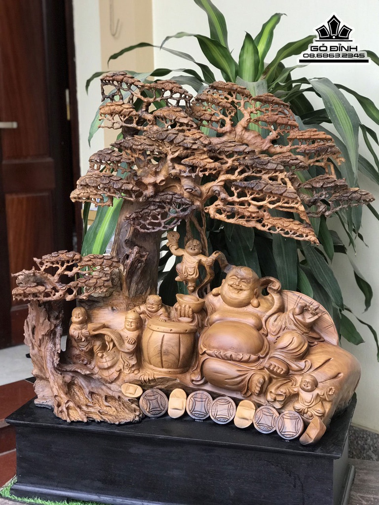 Tượng Phật Di Lặc Ngồi Gôc Tùng Gỗ Bách Xanh Cao 100 Ngang 83 Sâu 38 (cm)4