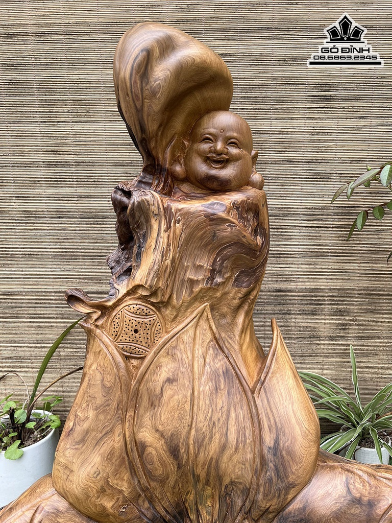 Tượng Di Lặc Đứng Đài Sen Gỗ Bách Xanh Cao 68 Ngang 56 Sâu 26 (cm) 1