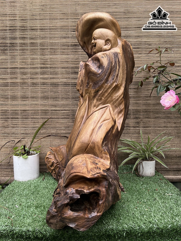 Tượng Di Lặc Đứng Đài Sen Gỗ Bách Xanh Cao 68 Ngang 56 Sâu 26 (cm) 2