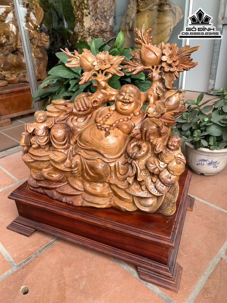 Tượng Di Lặc Vác Cành Đào Gỗ Hương Gia Lai Cao 46 ngang 50 Sâu 32 Cả Kỷ 61 (cm) 2