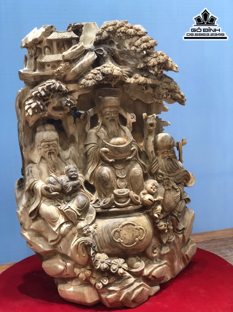 Tượng Phúc Lộc Thọ (Tam Đa) Gỗ Ngọc Am Liền Khối Cao 76 Ngang 50 Sâu 35 (cm) 0