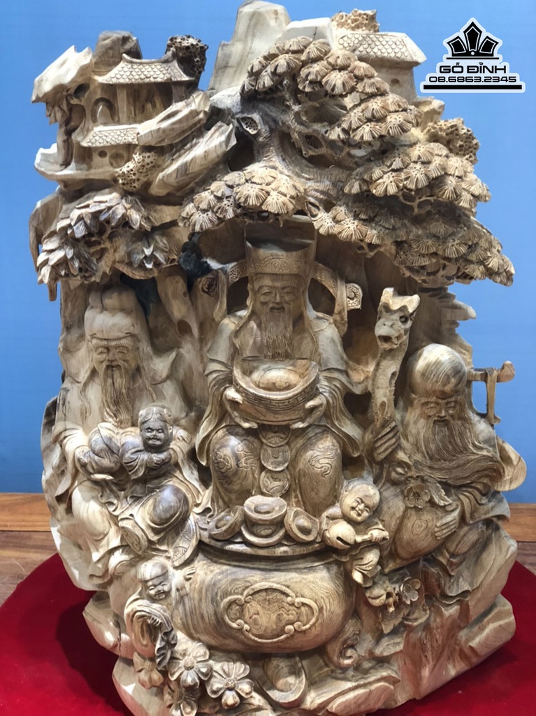 Tượng Phúc Lộc Thọ (Tam Đa) Gỗ Ngọc Am Liền Khối Cao 76 Ngang 50 Sâu 35 (cm) 1