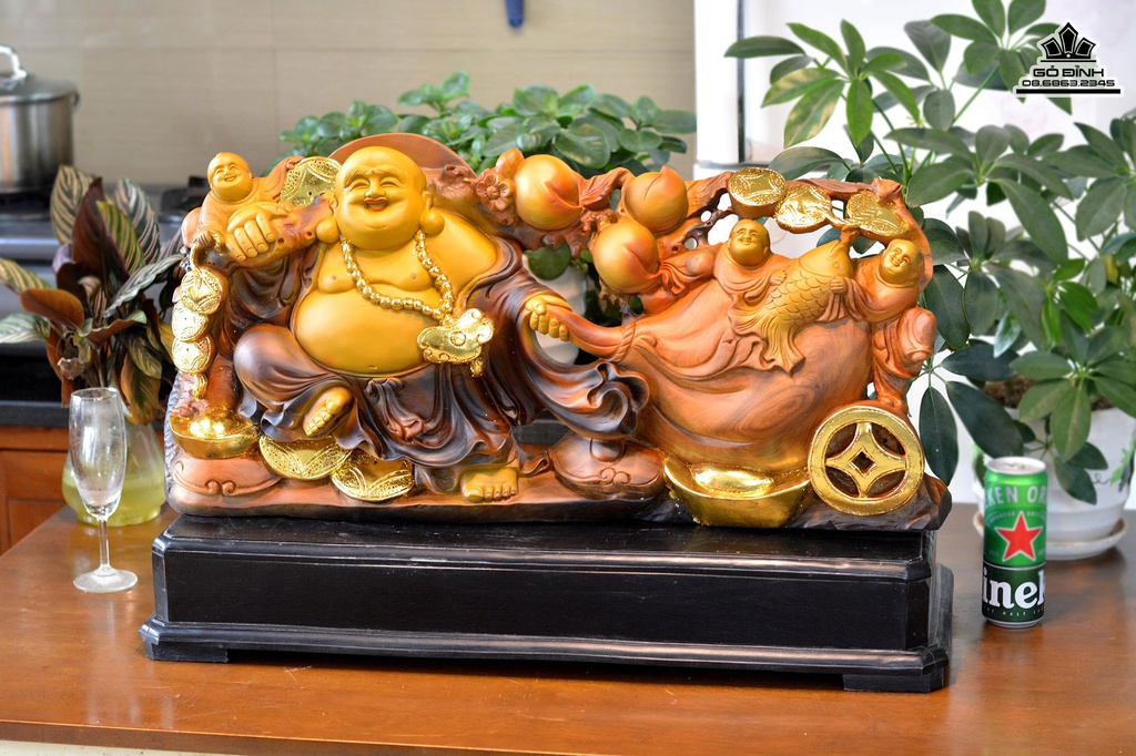 Tượng Phật Di Lặc gỗ Bách Xanh Cao 45 Ngang 75 Sâu 15(cm) 0