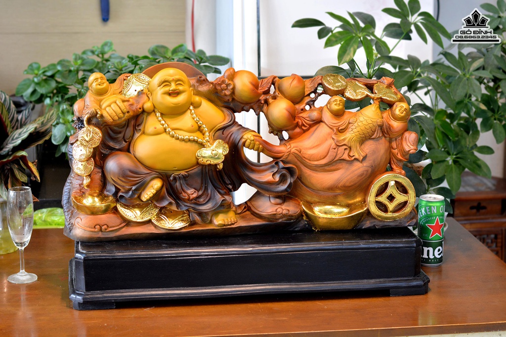 Tượng Phật Di Lặc gỗ Bách Xanh Cao 45 Ngang 75 Sâu 15(cm) 2