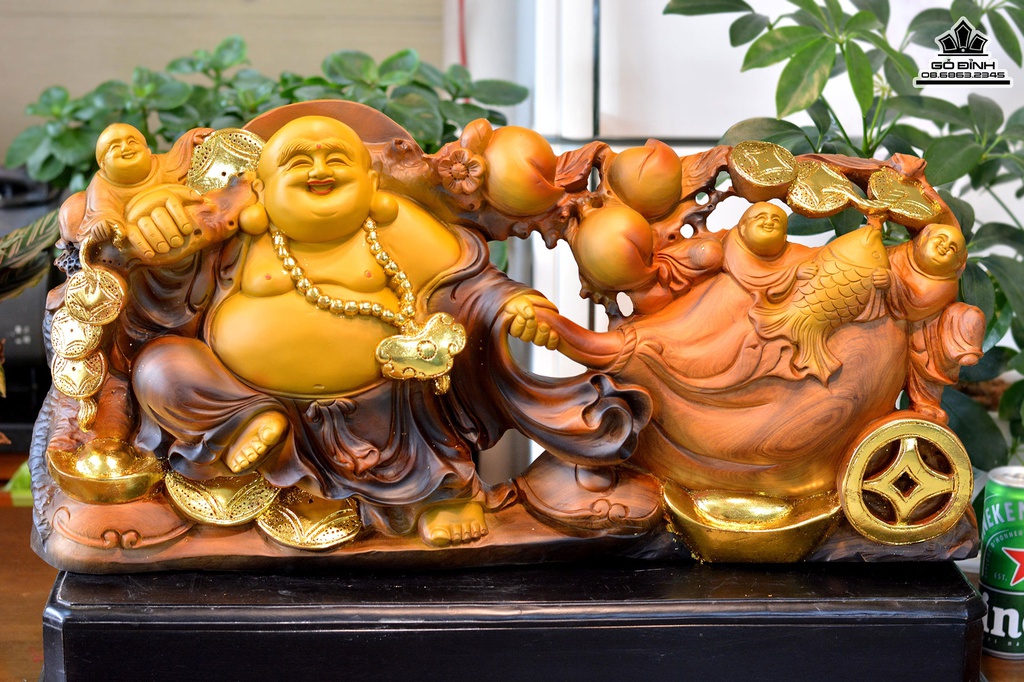 Tượng Phật Di Lặc gỗ Bách Xanh Cao 45 Ngang 75 Sâu 15(cm)3