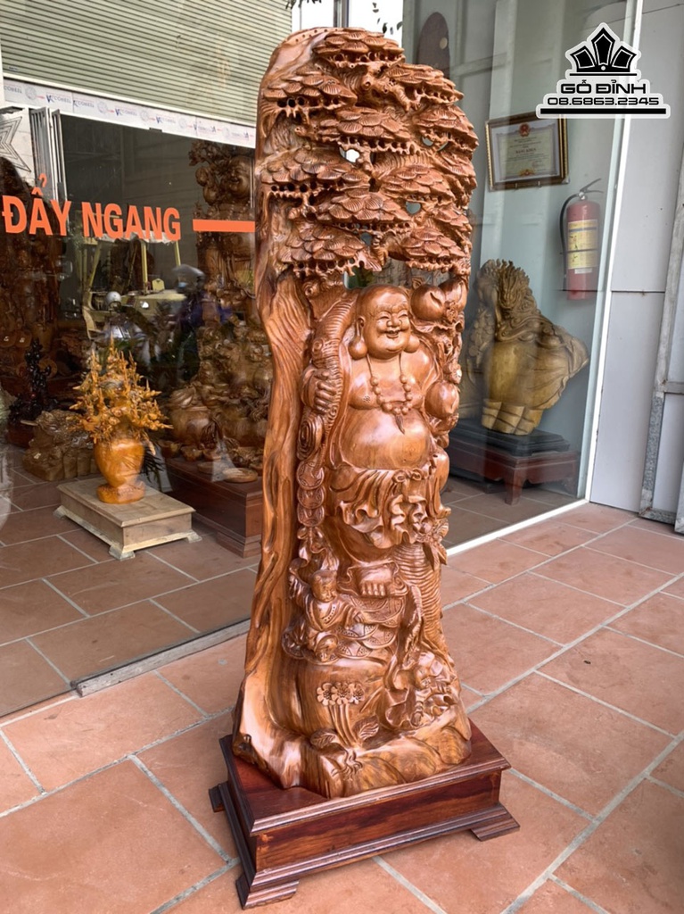 Tượng Di Lặc Đứng Gốc Tùng Gỗ Ngọc Am Cao 130 Ngang 50 Sâu 26 Cả Kỷ 145 (cm) 2