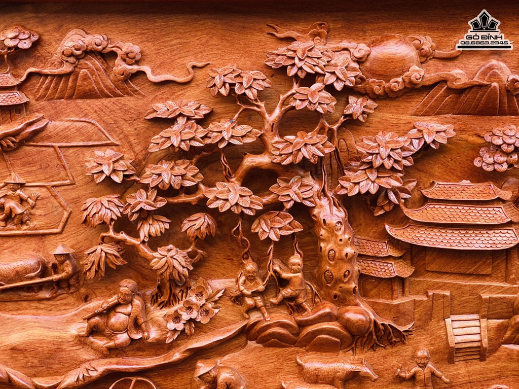 Tranh Tiểu Cảnh Đồng Quê Gỗ Hương Đá Dài 151 Rộng 78 Dày 7 (cm)