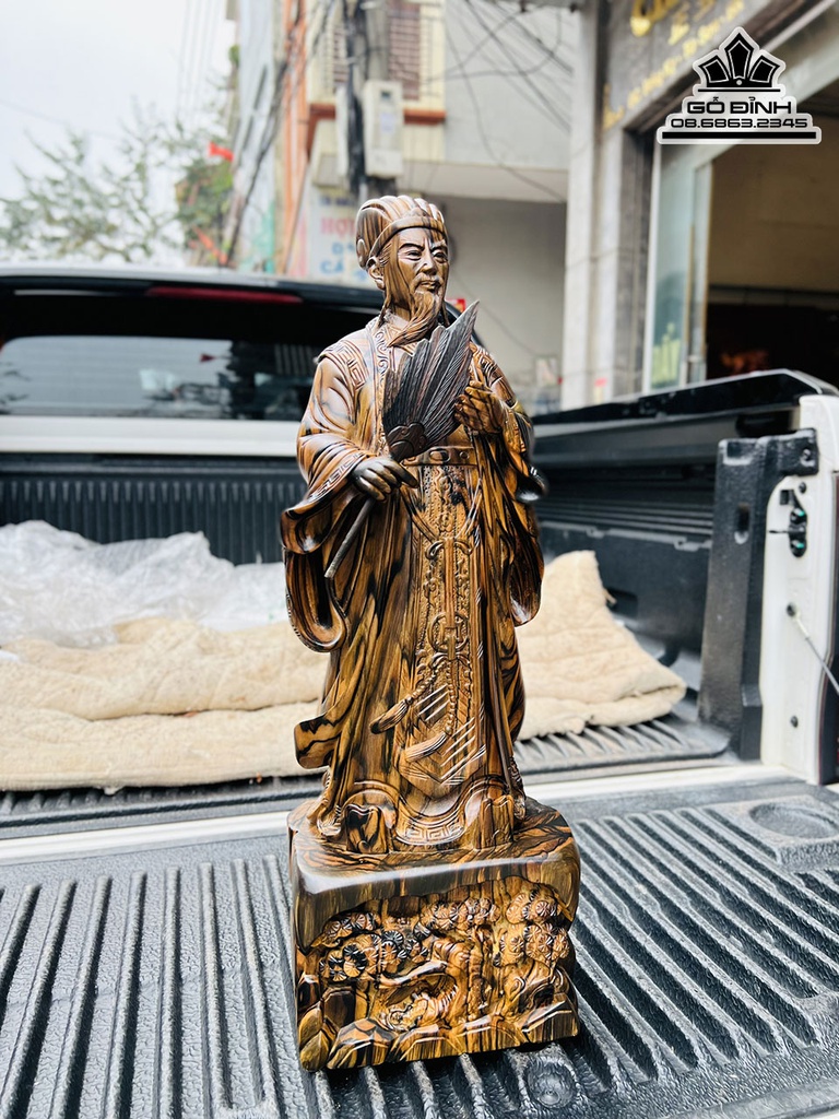 Tượng Gia Cát Lượng Gỗ Mun Liền Khối Cao 60 Ngang 21 Sâu 13 (cm) 0