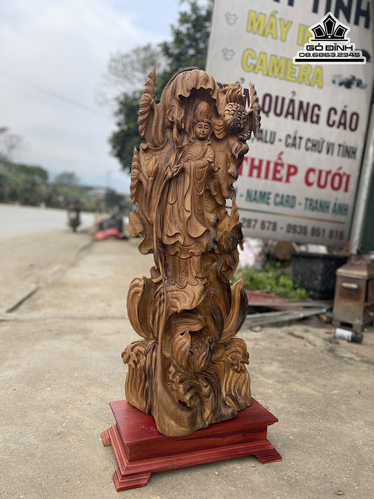 Tượng Quan Âm Đứng Đài Sen Gỗ Bách Xanh Cao 90 Ngang 36 Sâu 22 (cm) 0