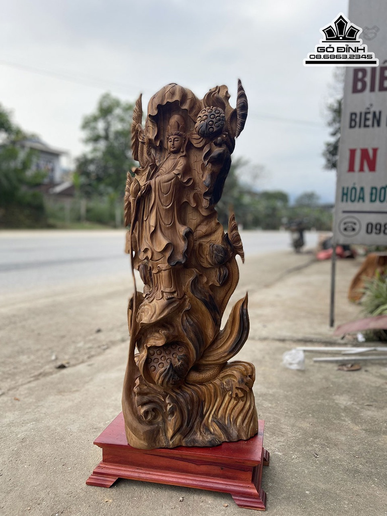 Tượng Quan Âm Đứng Đài Sen Gỗ Bách Xanh Cao 90 Ngang 36 Sâu 22 (cm) 1