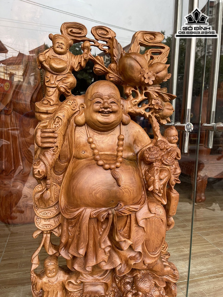 Tượng Phật Di Lặc Vác Cành Đào Gỗ Ngọc Am Cao 95 Ngang 46 Sâu 19 (cm) 3